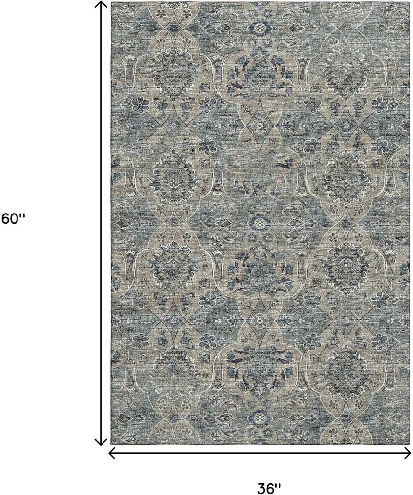 Denim Blue And Gray Floral Medallion Washable Area Rug With UV Protection Photo 3