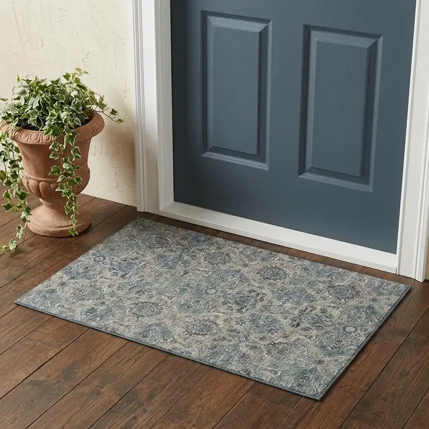 Denim Blue And Gray Floral Medallion Distressed Washable Area Rug With UV Protection Photo 1