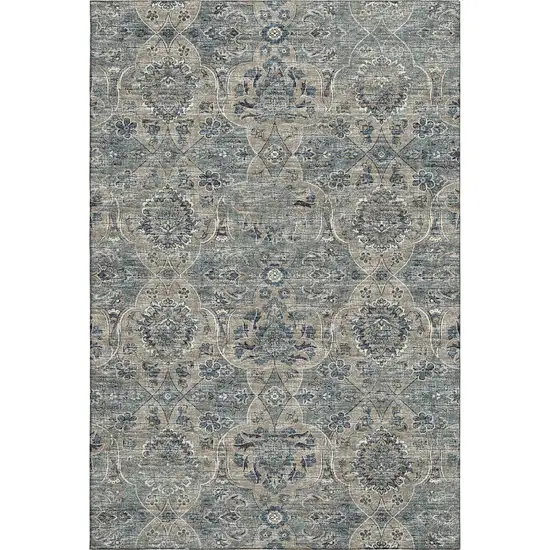 Denim Blue And Gray Floral Medallion Washable Area Rug With UV Protection Photo 2