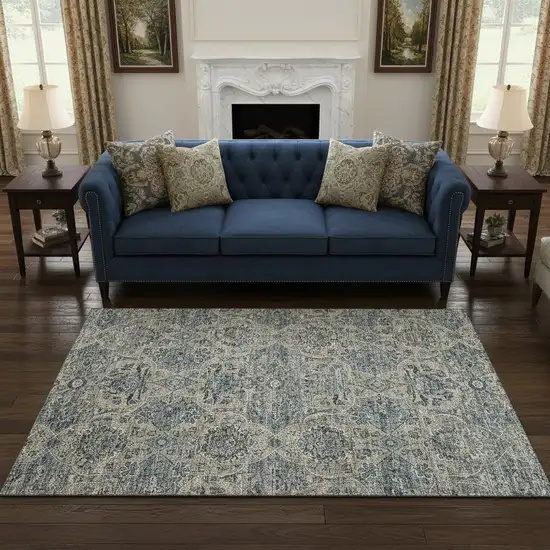 Denim Blue And Gray Floral Medallion Washable Area Rug With UV Protection Photo 1