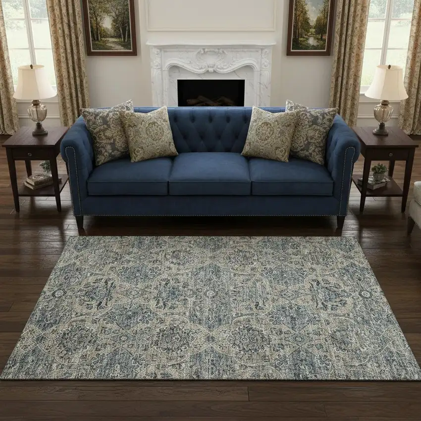 Denim Blue And Gray Floral Medallion Washable Area Rug With UV Protection Photo 1