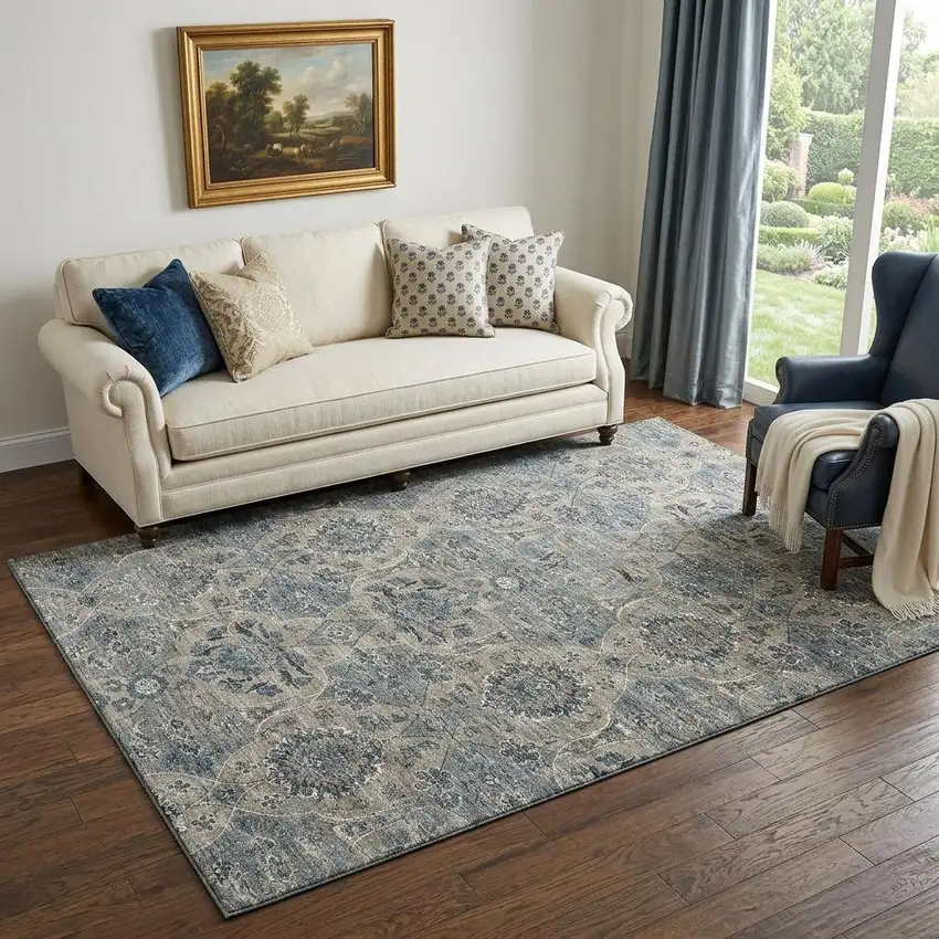 Denim Blue And Gray Floral Medallion Distressed Washable Area Rug With UV Protection Photo 1