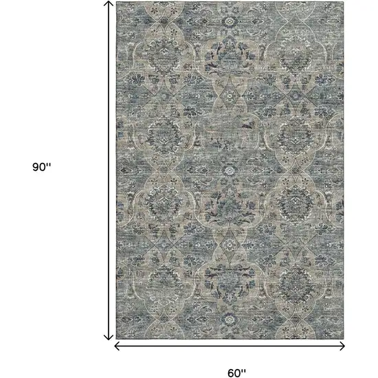 Denim Blue And Gray Floral Medallion Washable Area Rug With UV Protection Photo 3