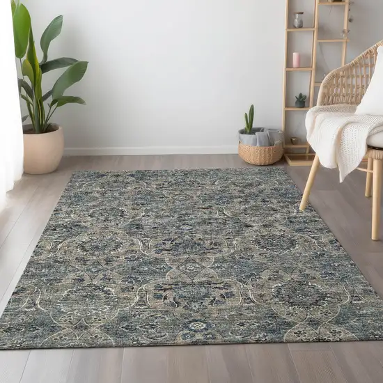 Denim Blue And Gray Floral Medallion Washable Area Rug With UV Protection Photo 4