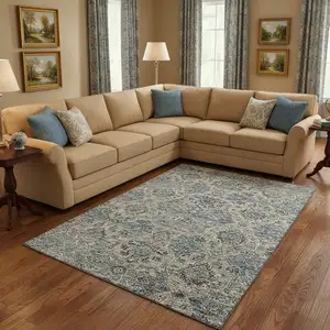 Photo of Denim Blue And Gray Floral Medallion Washable Area Rug With UV Protection