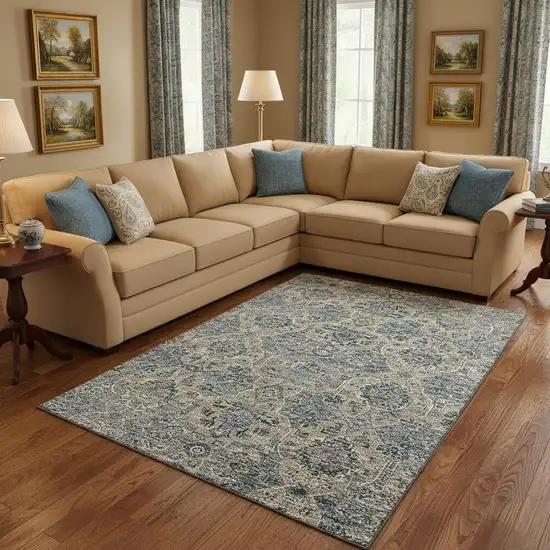 Denim Blue And Gray Floral Medallion Washable Area Rug With UV Protection Photo 1