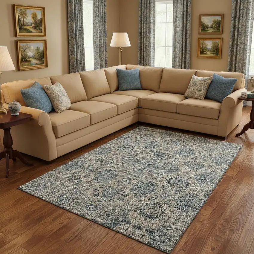 Denim Blue And Gray Floral Medallion Washable Area Rug With UV Protection Photo 1