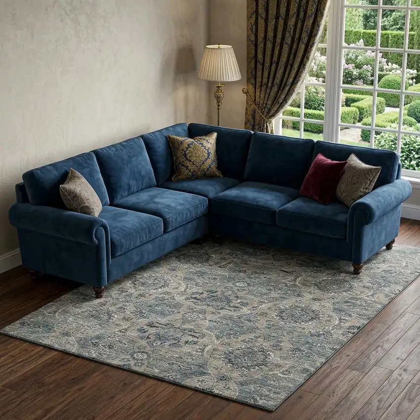 Denim Blue And Gray Floral Medallion Distressed Washable Area Rug With UV Protection Photo 1