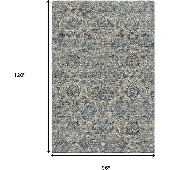 Denim Blue And Gray Floral Medallion Washable Area Rug With UV Protection Photo 3