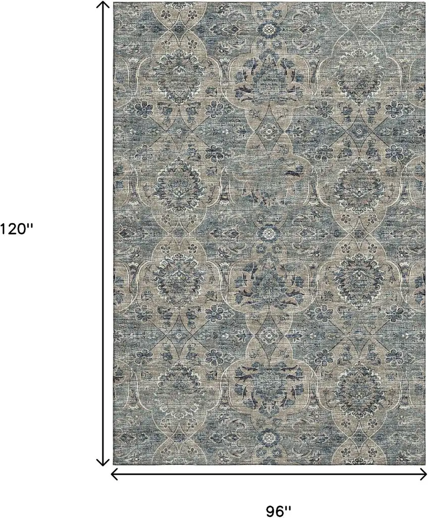 Denim Blue And Gray Floral Medallion Washable Area Rug With UV Protection Photo 3