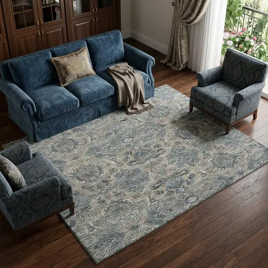 Denim Blue And Gray Floral Medallion Distressed Washable Area Rug With UV Protection Photo 1