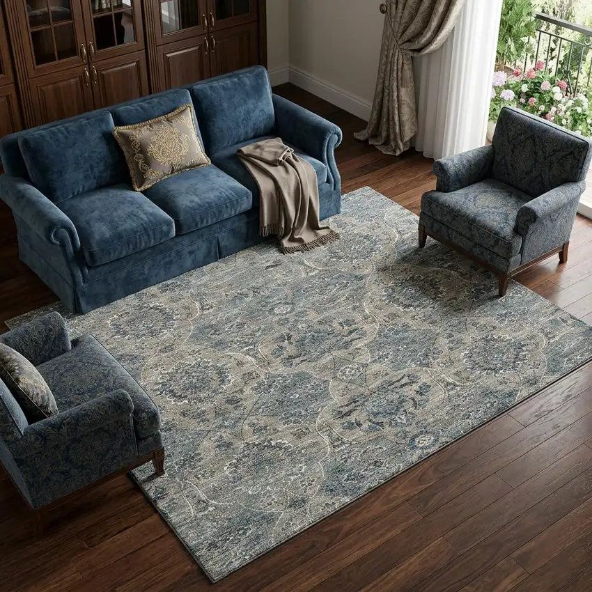 Denim Blue And Gray Floral Medallion Distressed Washable Area Rug With UV Protection Photo 1