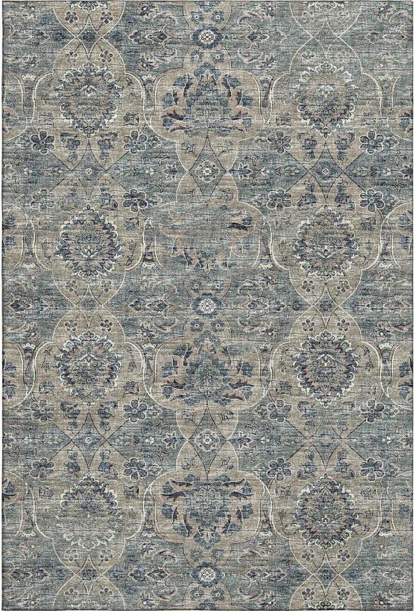 Denim Blue And Gray Floral Medallion Washable Area Rug With UV Protection Photo 2