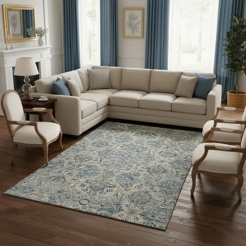 Denim Blue And Gray Floral Medallion Washable Area Rug With UV Protection Photo 1