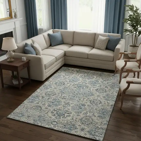 Denim Blue And Gray Floral Medallion Washable Area Rug With UV Protection Photo 1