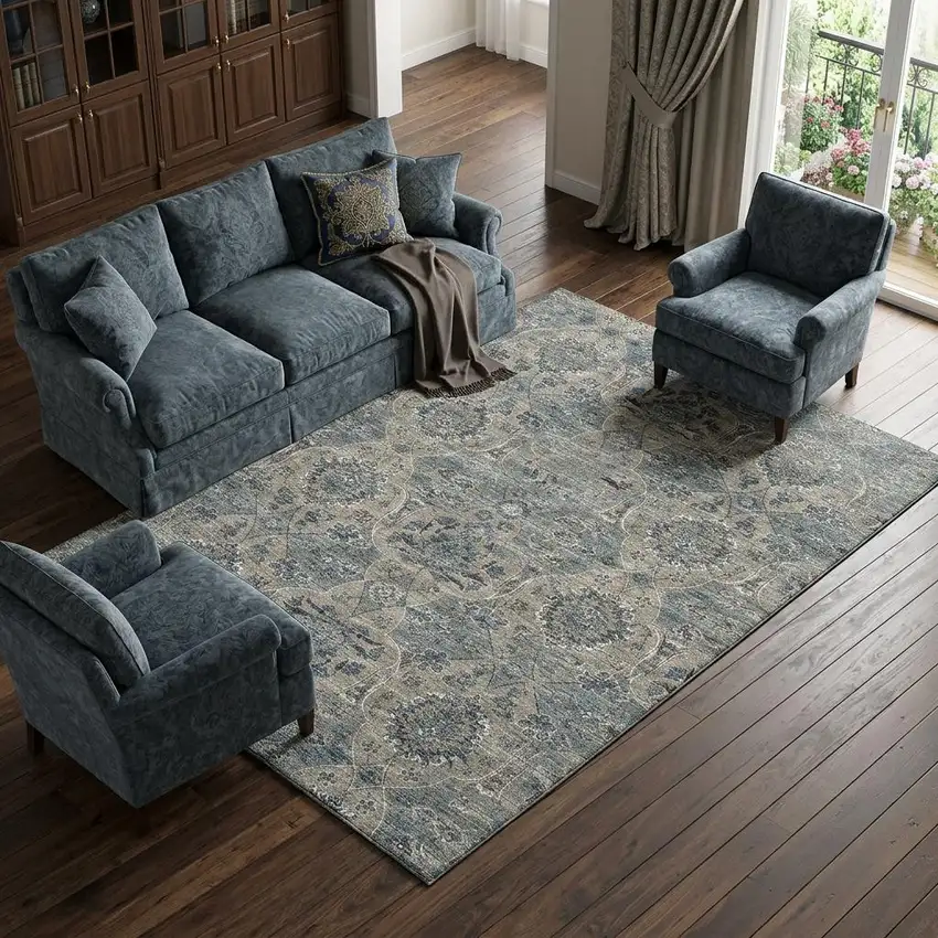 Denim Blue And Gray Floral Medallion Distressed Washable Area Rug With UV Protection Photo 1