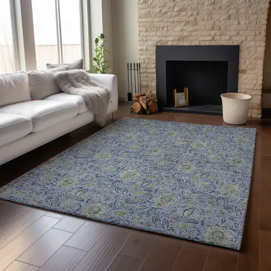 Denim Blue And Gray Floral Washable Area Rug With UV Protection Photo 4