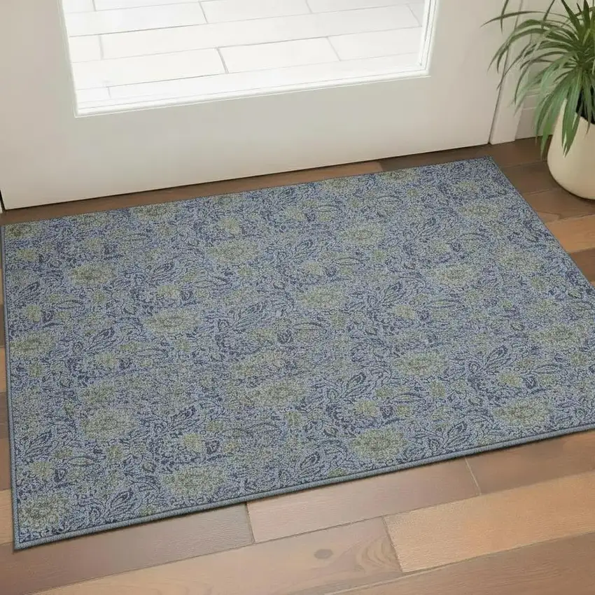 Denim Blue And Gray Floral Washable Area Rug With UV Protection Photo 1