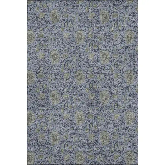 Denim Blue And Gray Floral Washable Area Rug With UV Protection Photo 1