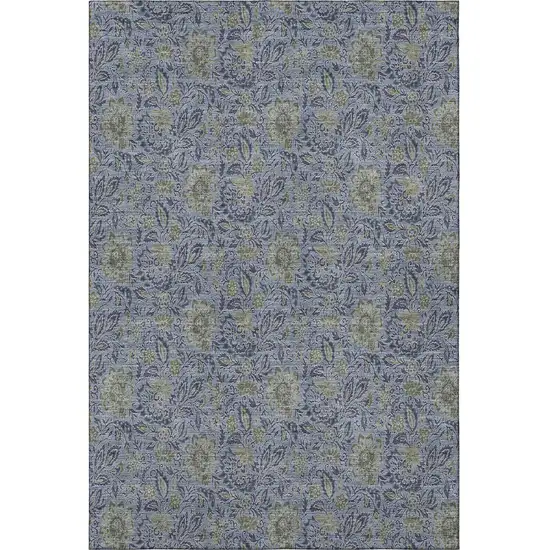 Denim Blue And Gray Floral Washable Area Rug With UV Protection Photo 3
