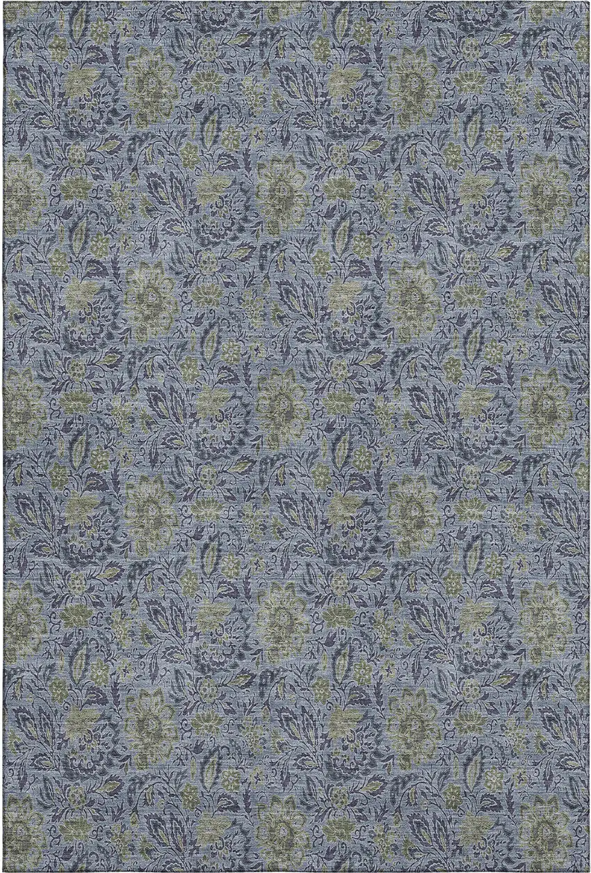 Denim Blue And Gray Floral Washable Area Rug With UV Protection Photo 1