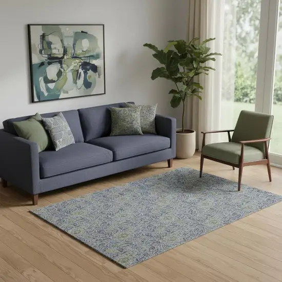 Denim Blue And Gray Floral Washable Area Rug With UV Protection Photo 1