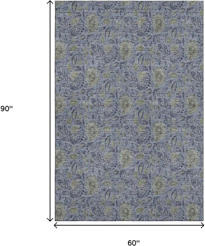 Denim Blue And Gray Floral Washable Area Rug With UV Protection Photo 3