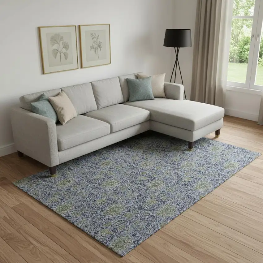 Denim Blue And Gray Floral Washable Area Rug With UV Protection Photo 1