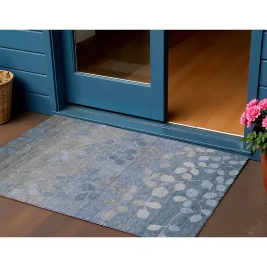 Denim Blue And Gray Floral Washable Indoor Outdoor Area Rug Photo 2