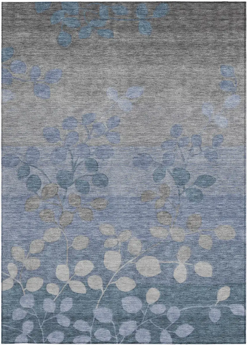 Denim Blue And Gray Floral Washable Indoor Outdoor Area Rug Photo 1