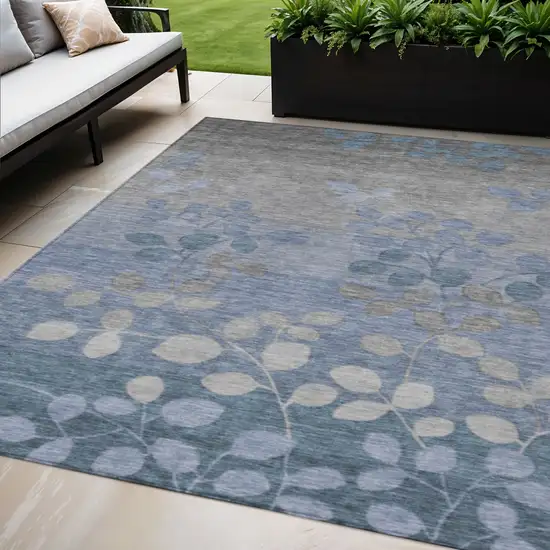 Denim Blue And Gray Floral Washable Indoor Outdoor Area Rug Photo 2