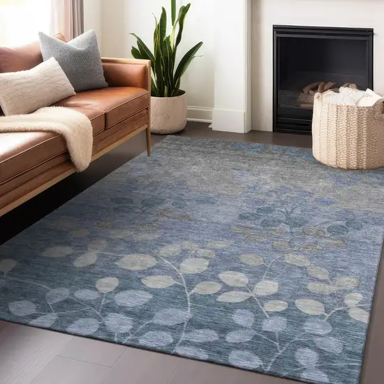 Denim Blue And Gray Floral Washable Indoor Outdoor Area Rug Photo 5