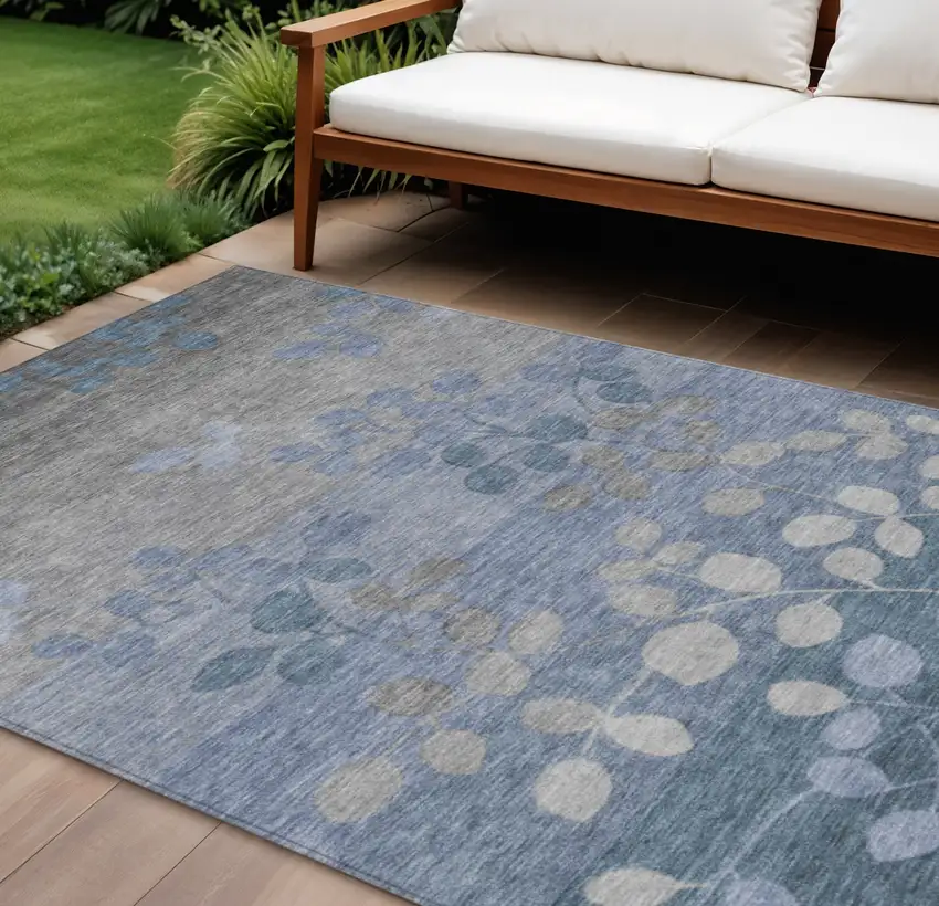 Denim Blue And Gray Floral Washable Indoor Outdoor Area Rug Photo 2