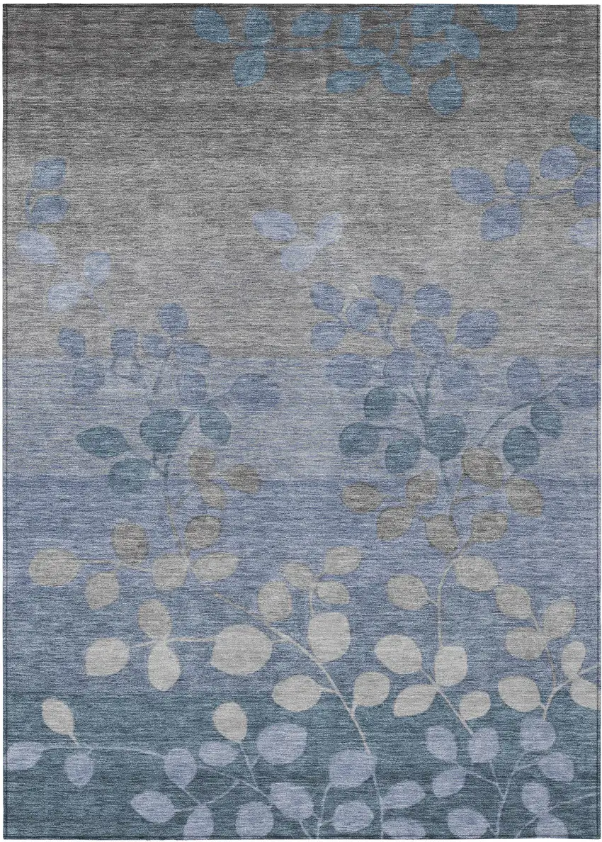 Denim Blue And Gray Floral Washable Indoor Outdoor Area Rug Photo 1