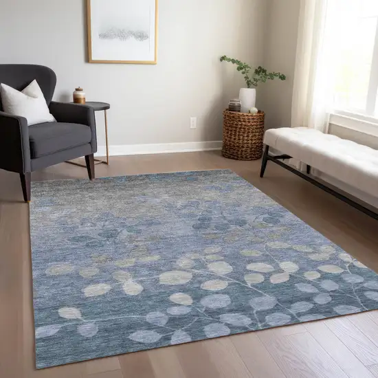 Denim Blue And Gray Floral Washable Indoor Outdoor Area Rug Photo 7