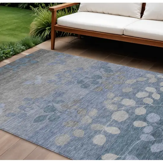 Denim Blue And Gray Floral Washable Indoor Outdoor Area Rug Photo 2