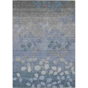 Photo of Denim Blue And Gray Floral Washable Indoor Outdoor Area Rug