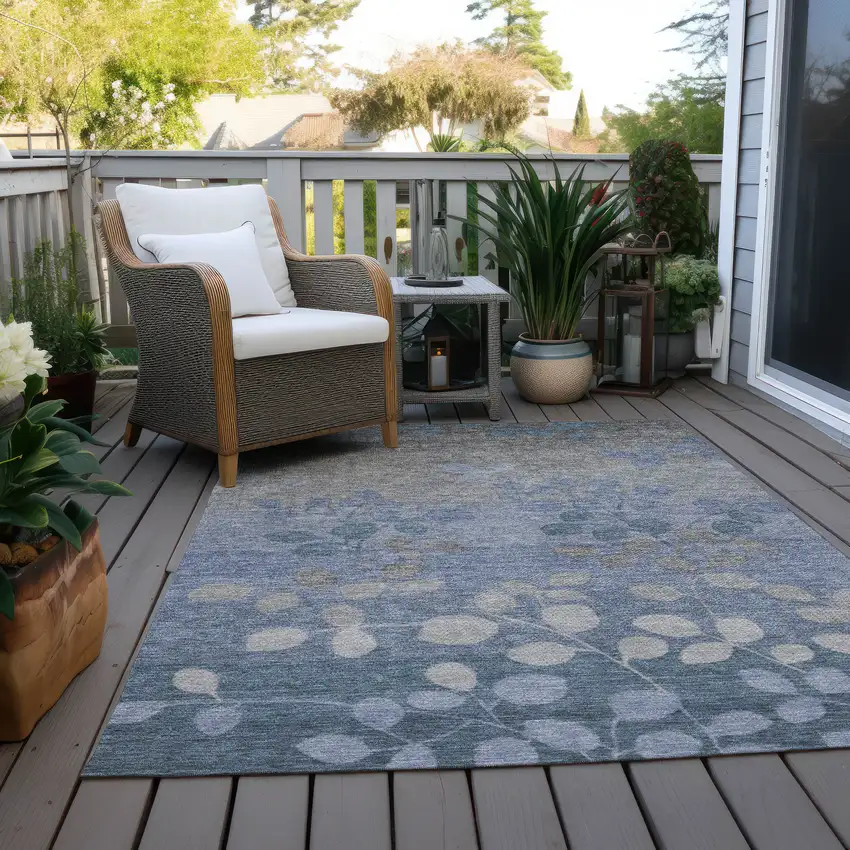 Denim Blue And Gray Floral Washable Indoor Outdoor Area Rug Photo 5