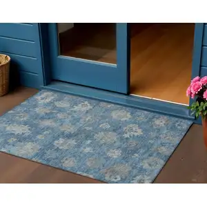 Photo of Denim Blue And Gray Floral Washable Indoor Outdoor Area Rug
