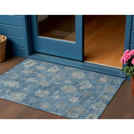 Denim Blue And Gray Floral Washable Indoor Outdoor Area Rug Photo 1