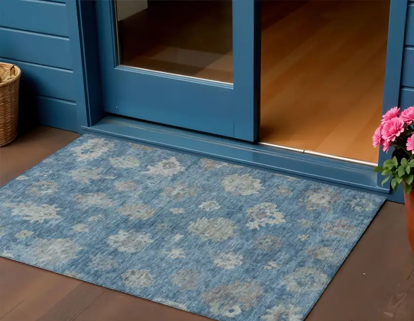 Denim Blue And Gray Floral Washable Indoor Outdoor Area Rug Photo 1