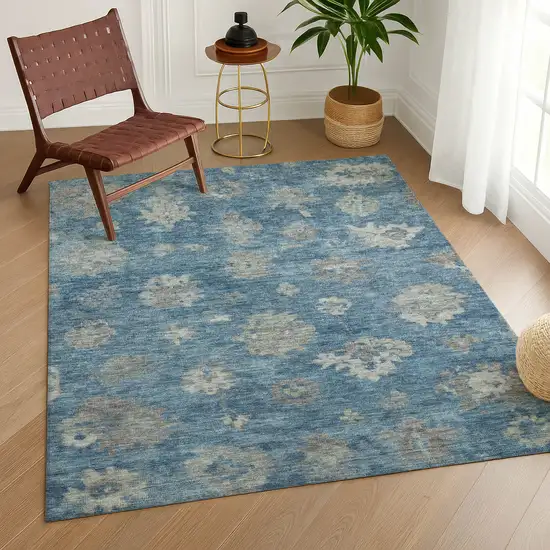 Denim Blue And Gray Floral Washable Indoor Outdoor Area Rug Photo 9