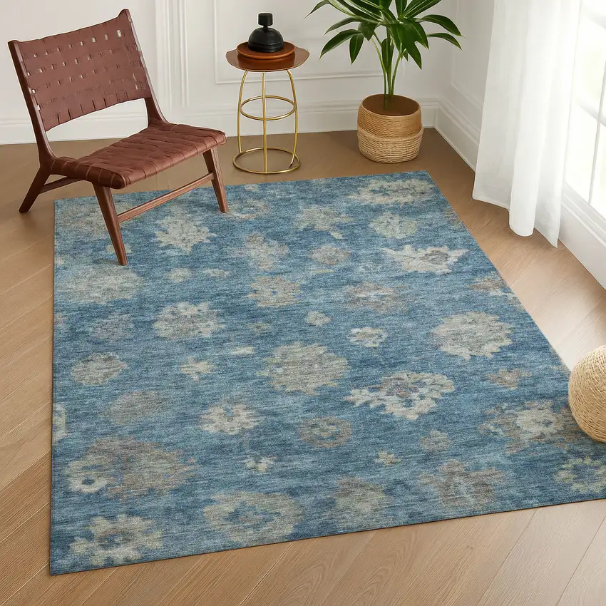 Denim Blue And Gray Floral Washable Indoor Outdoor Area Rug Photo 9