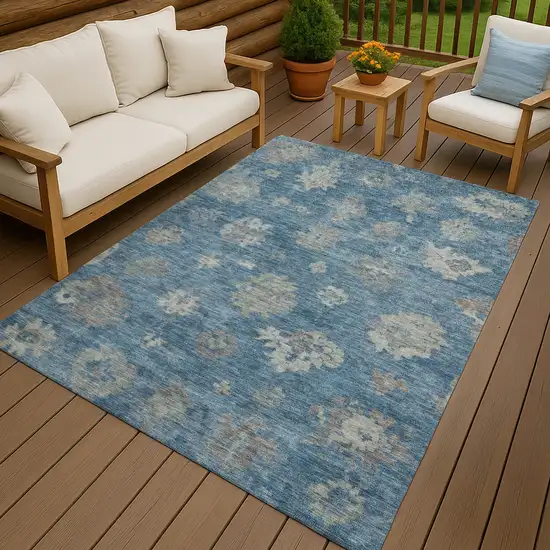 Denim Blue And Gray Floral Washable Indoor Outdoor Area Rug Photo 9