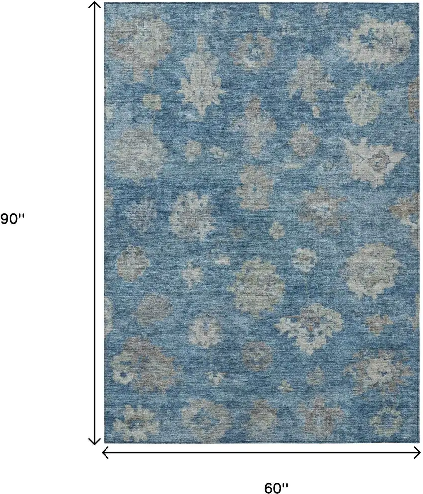 Denim Blue And Gray Floral Washable Indoor Outdoor Area Rug Photo 3