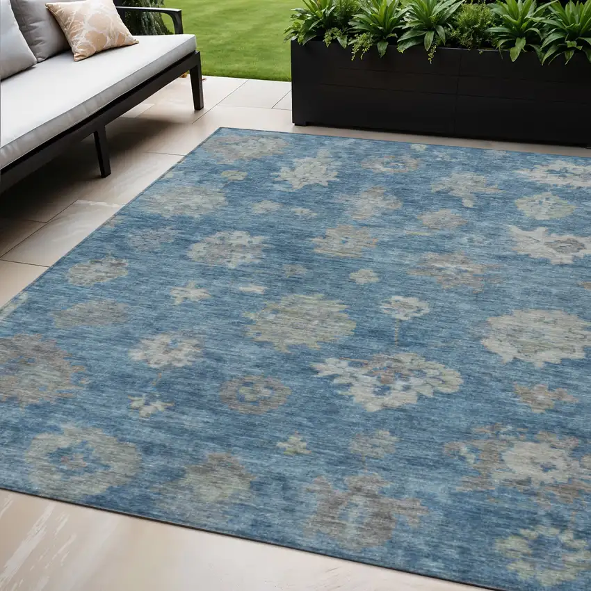 Denim Blue And Gray Floral Washable Indoor Outdoor Area Rug Photo 1
