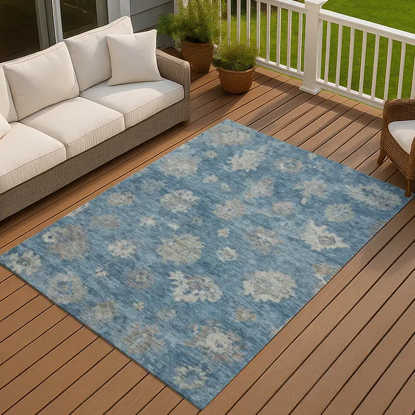 Denim Blue And Gray Floral Washable Indoor Outdoor Area Rug Photo 7
