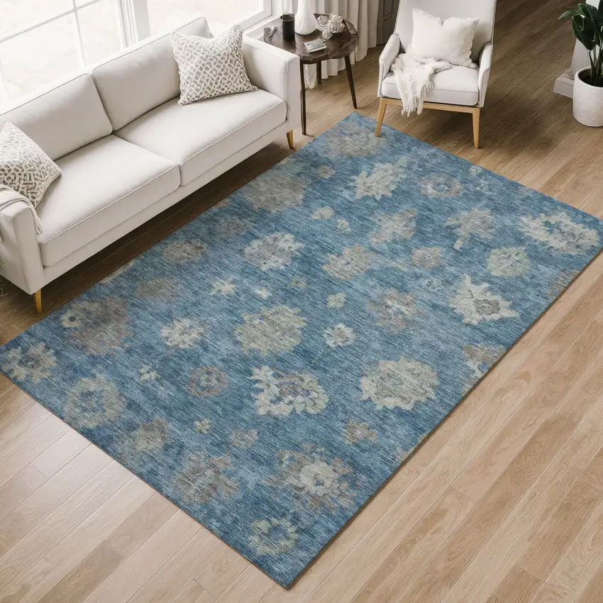 Denim Blue And Gray Floral Washable Indoor Outdoor Area Rug Photo 8