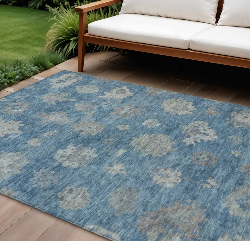Denim Blue And Gray Floral Washable Indoor Outdoor Area Rug Photo 1