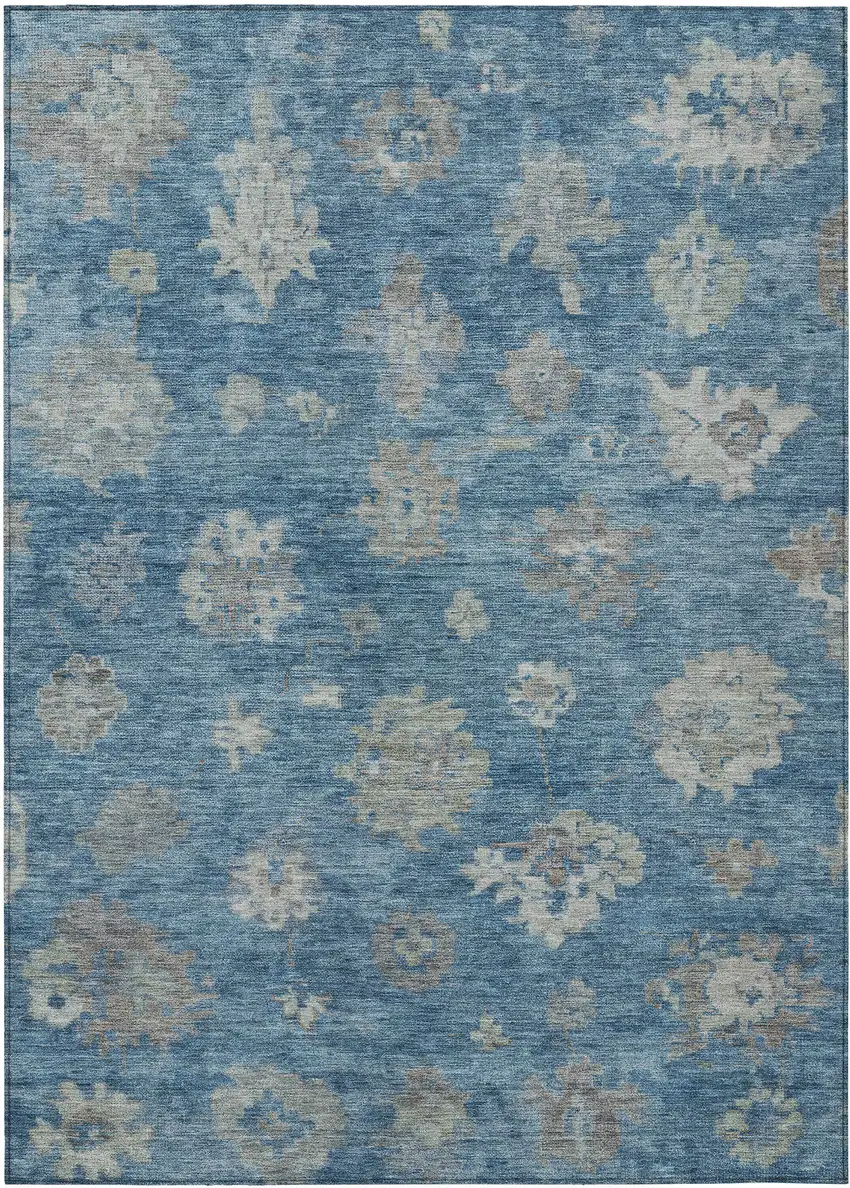 Denim Blue And Gray Floral Washable Indoor Outdoor Area Rug Photo 2